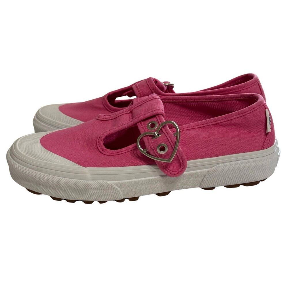 VANS T Strap Heart Buckle Canvas Sneakers Women’s 6.5 Pink White Mary Jane EUC